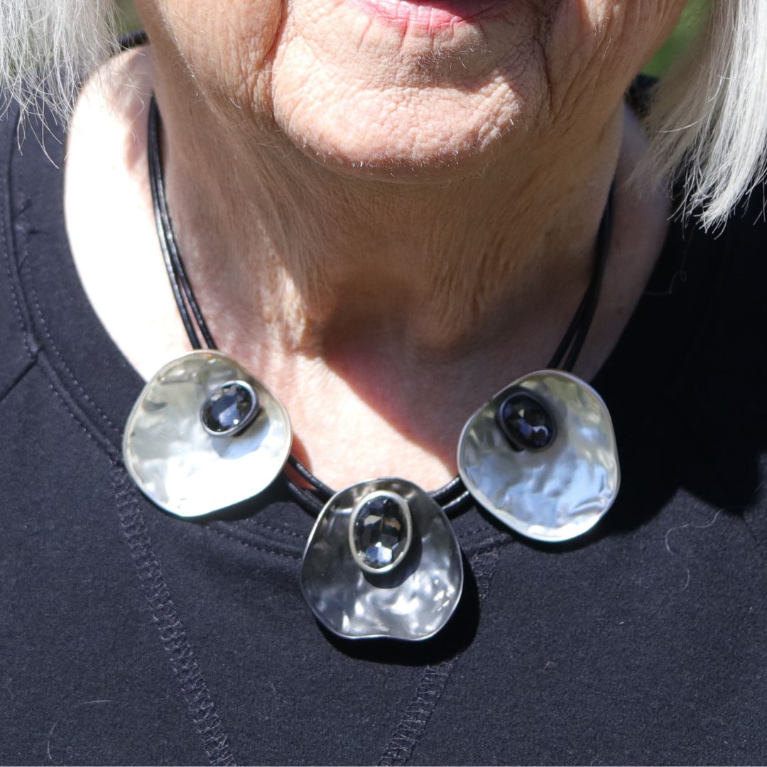 Silver and Gray Pendents with a Gray Crystal on Leather Chain