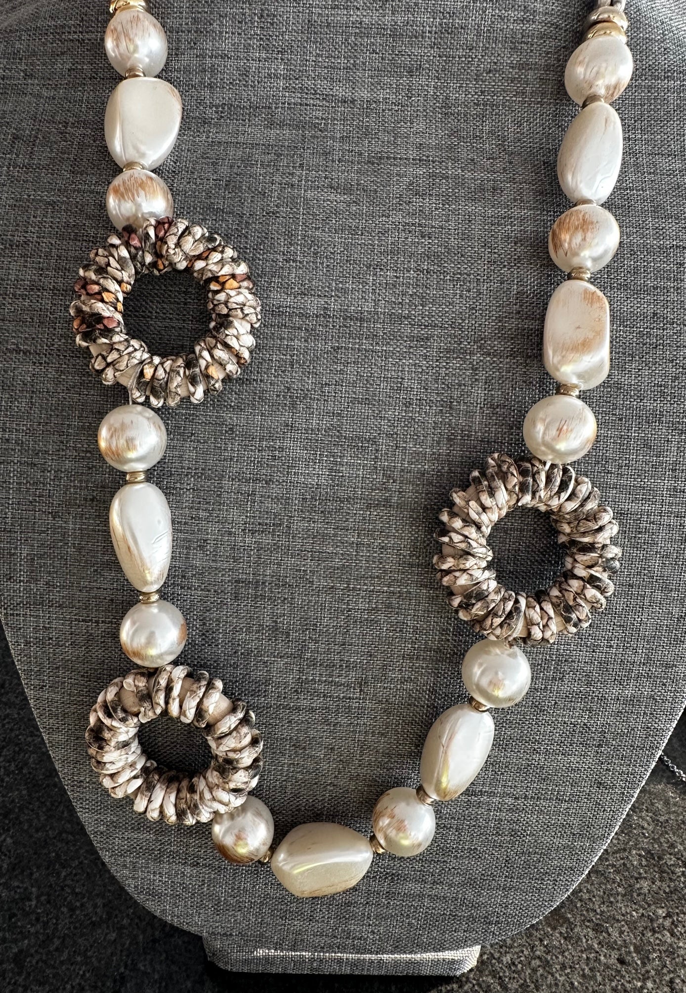 Pearl Stone Necklace with Faux Snakeskin Cords