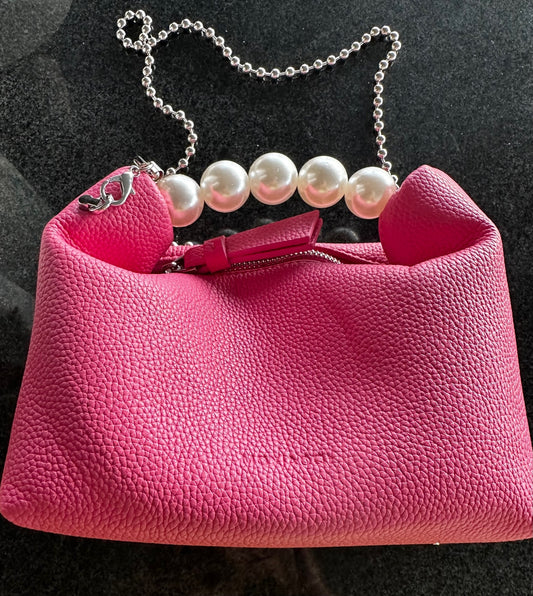 Pink Crossbody Bag with Pearl Handle- Faux Leather