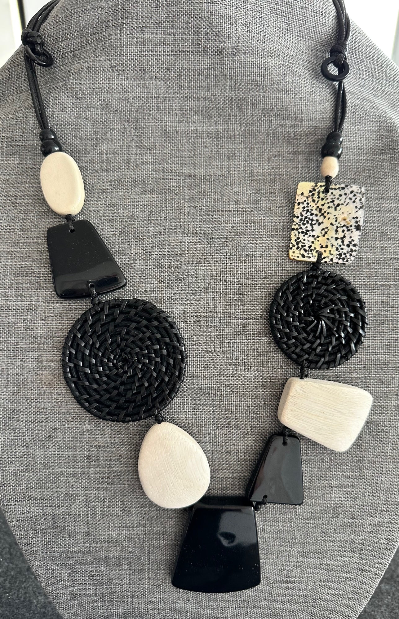 Black Cord Necklace with Acrylic and Wood Pendants