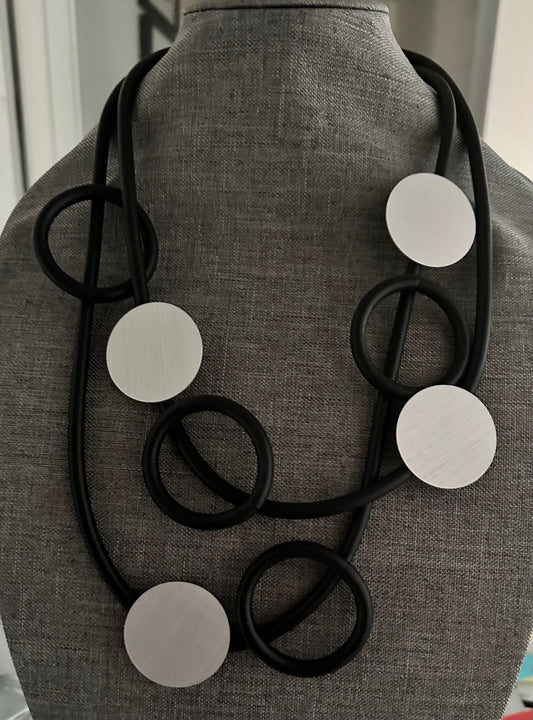 Two Strand Rubber Necklace with Round Aluminum Cirlcles