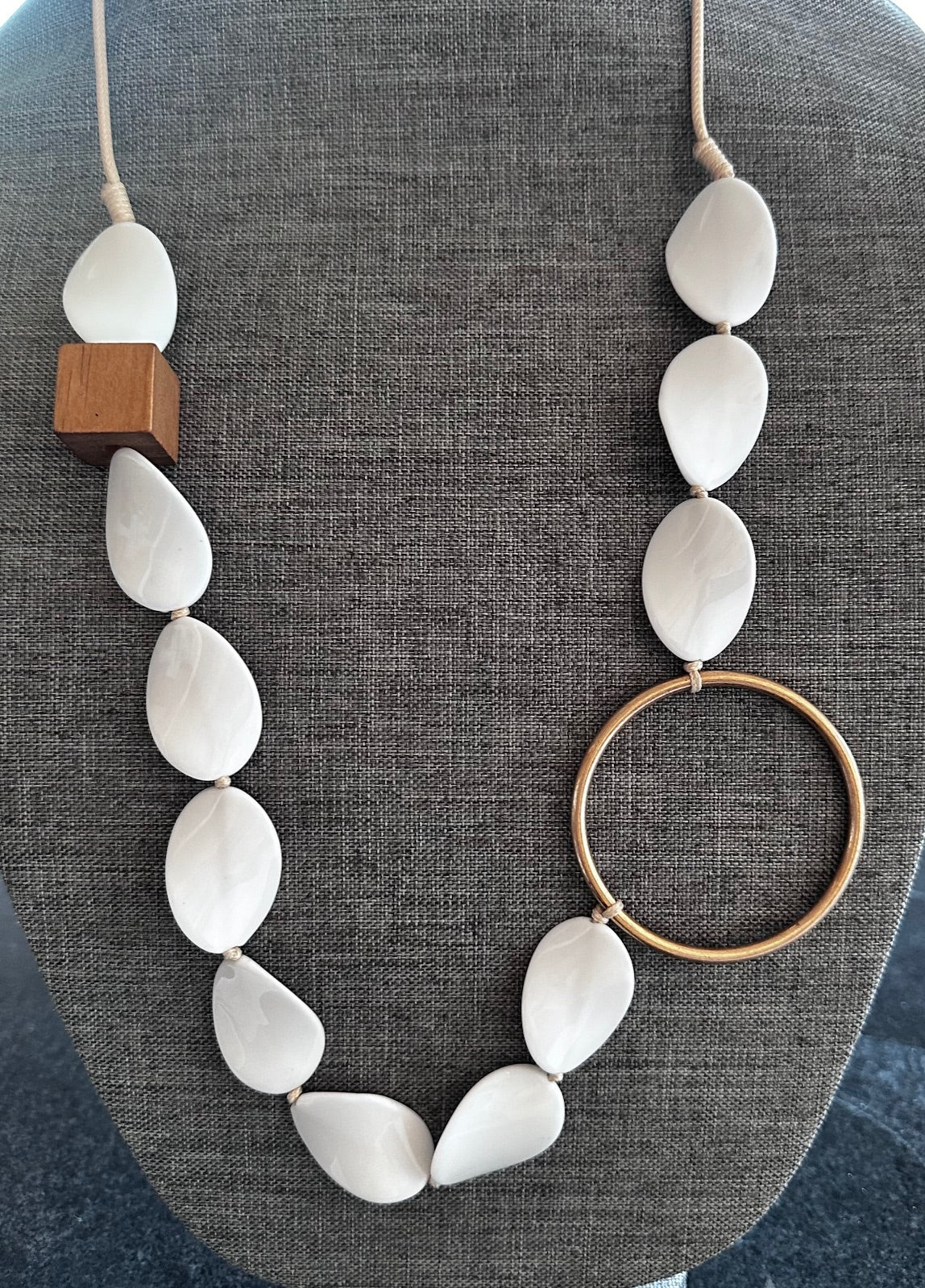 Acrylic-Wood-Metal Necklace on a Rope Necklace