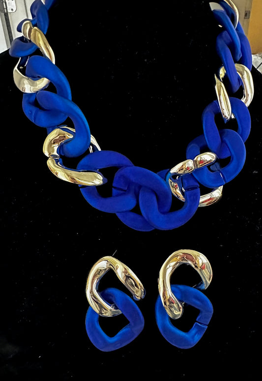 Blue and Gold Acrylic Necklace with Earrings