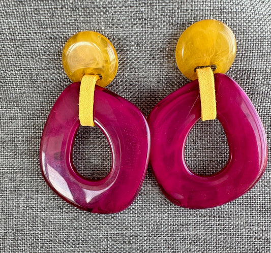 Magenta/Gold Acrylic Earring with Yellow Leather Strip