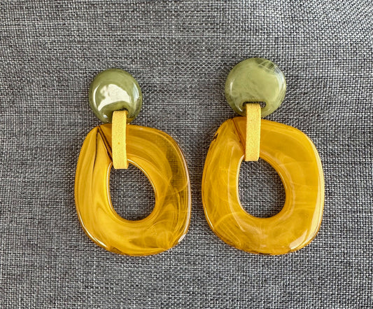 Acrylic Gold and Green Earring with Leather Strip