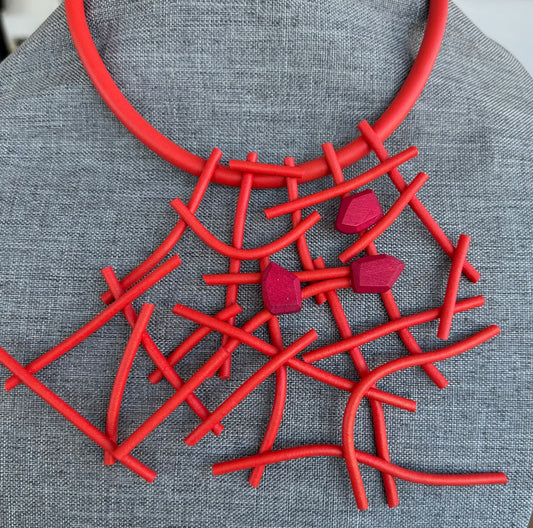 Rubber Red Necklace with 3 Wood Beds