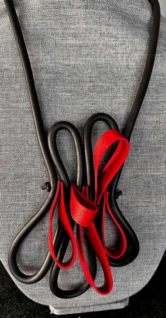 Black Rubber Necklace with Red Faux Leather Ribbons